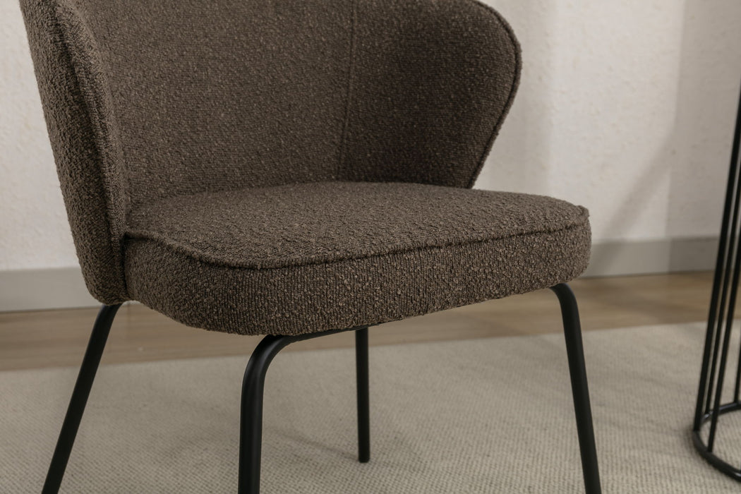 Boucle Fabric Dining Chair With Black Metal Legs, Dark Brown