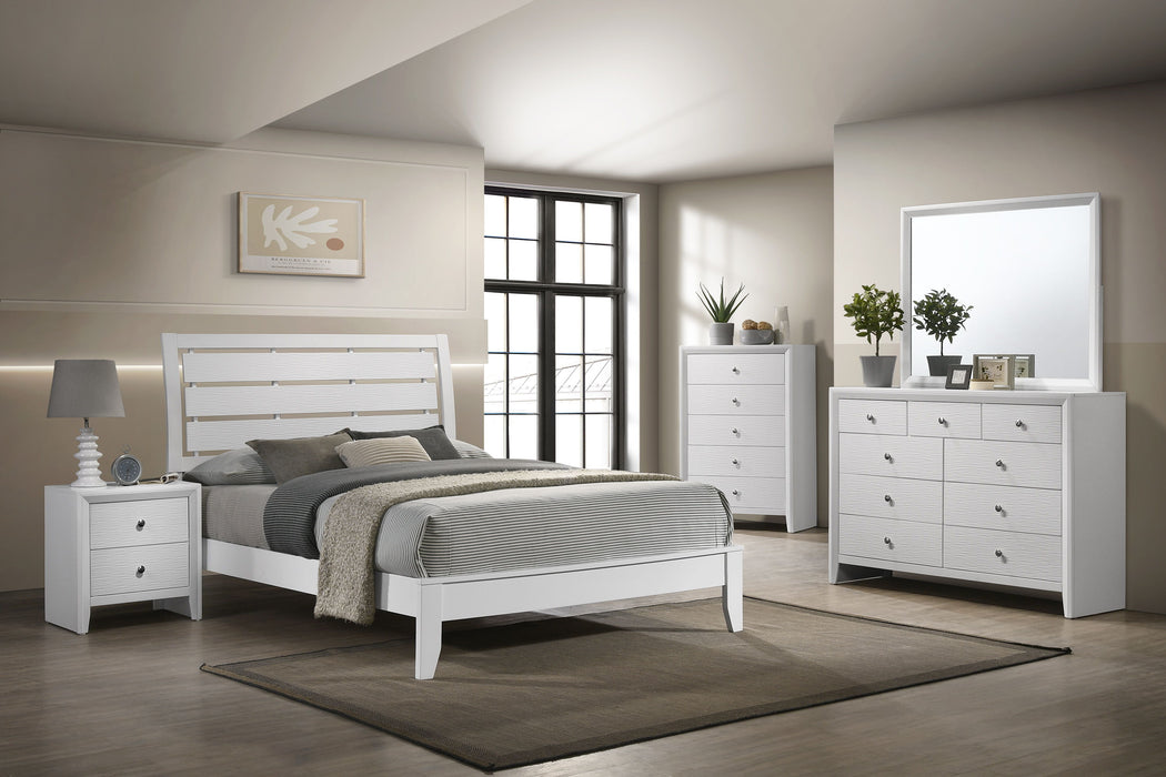 1 Piece Full Size White Finish Panel Bed Geometric Design Frame Softly Curved Headboard Wooden Bedroom Furniture