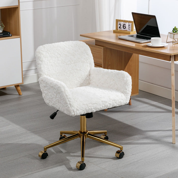A&A Furniture Office Chair, Artificial Rabbit Hair Home Office Chair With Golden Metal Base, Adjustable Desk Chair Swivel Office Chair, Vanity Chair (Beige)