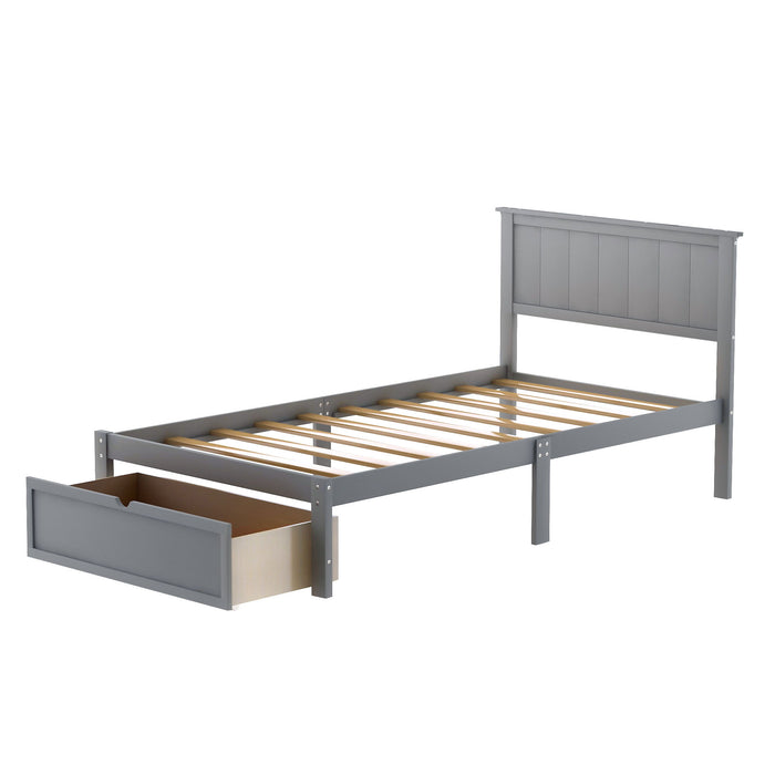 Twin Size Platform Bed With Under Bed Drawer, Gray