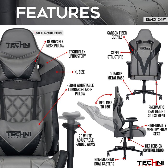Techni Sport Xl Ergonomic Gaming Chair, Gray