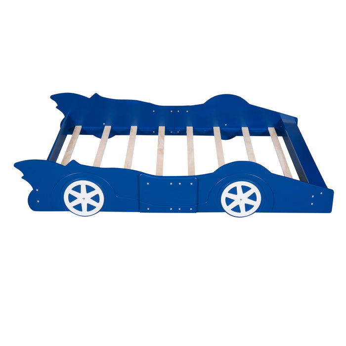 Full Size Race Car-Shaped Platform Bed With Wheels, Blue