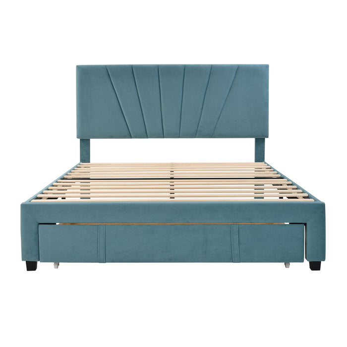 Queen Size Storage Bed Velvet Upholstered Platform Bed With A Big Drawer Blue