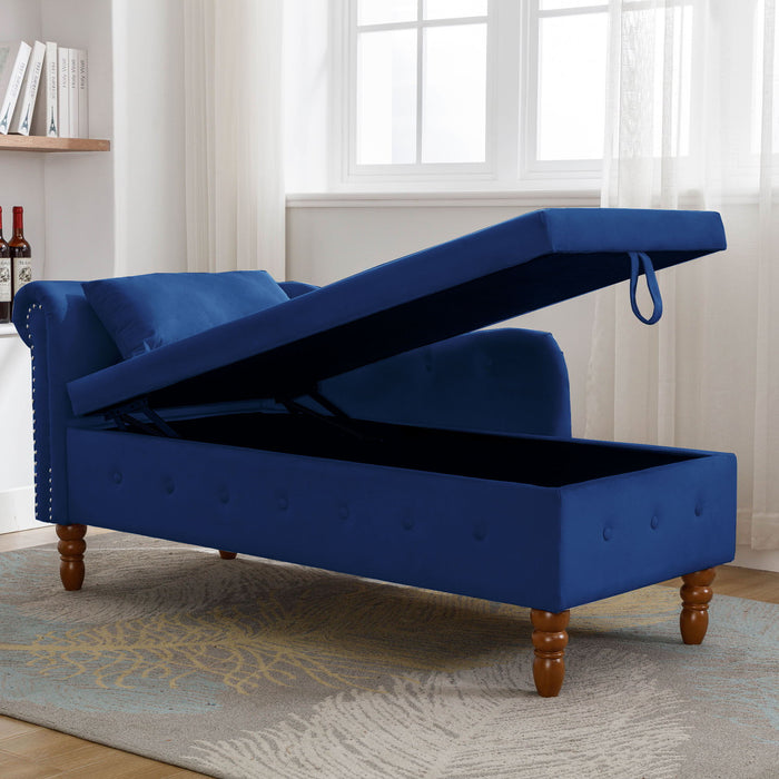 Navy Blue Chaise Lounge Indoor, Velvet Lounge Chair For Bedroom With Storage & Pillow, Modern Upholstered Rolled Arm Chase Lounge For Sleeping With Nailhead Trim For Living Room Bedroom Office