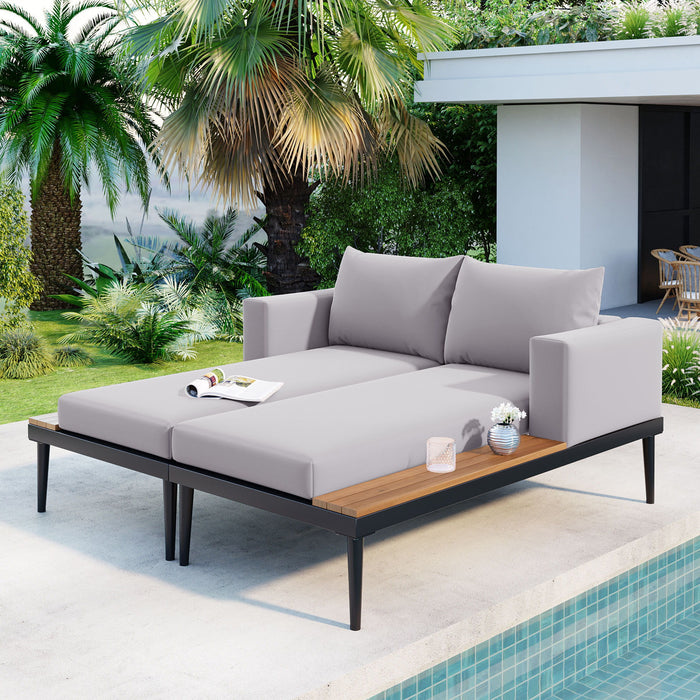 Topmax Modern Outdoor Daybed Patio Metal Daybed With Wood Topped Side Spaces For Drinks, 2 In 1 Padded Chaise Lounges For Poolside, Balcony, Deck, Gray