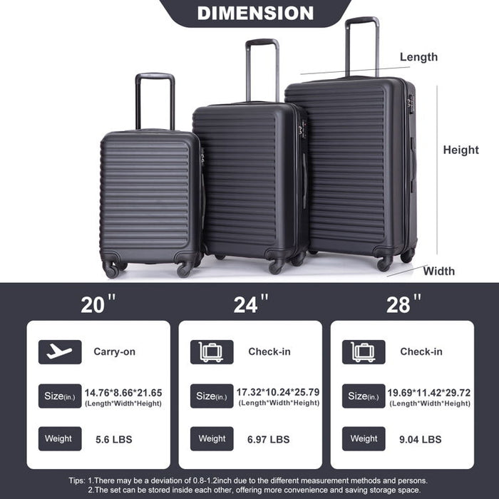 3 Piece Luggage Sets Abs Lightweight Suitcase With Two Hooks, Spinner Wheels, Tsa Lock, (20/24/28) Lavender Purple