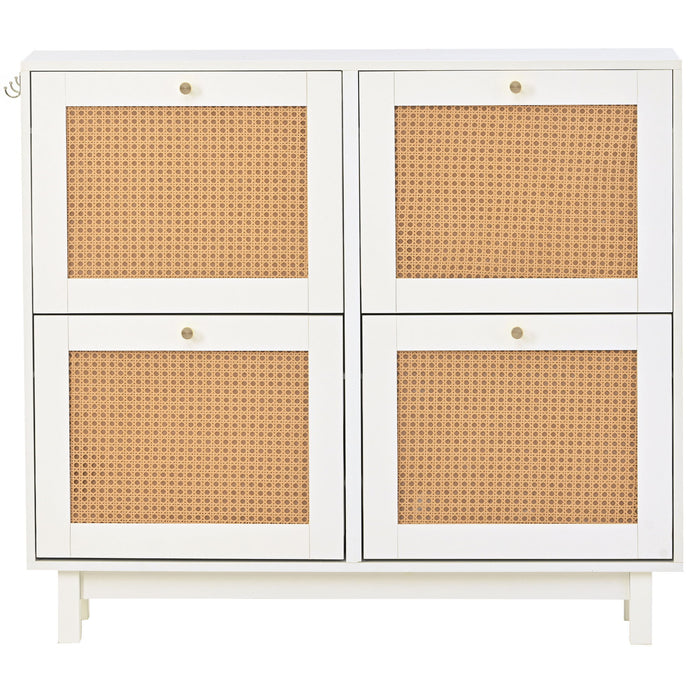On-Trend Rattan Boho Style Shoe Cabinet With 4 Flip Drawers, Modern 2-Tier Shoe Storage Organizer With Large Space, Free Standing Shoe Rack For Entrance Hallway, White