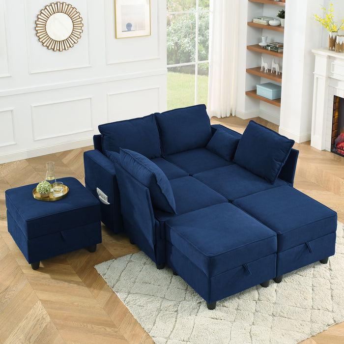 Sectional Modular Sofa, 7 Storage Seat Sofa Bed Couch For Living Room, Navy Blue Corduroy Velvet