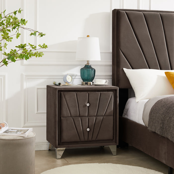 B108 Full Bed With Two Nightstands, Beautiful Line Stripe Cushion Headboard, Strong Wooden Slats And Metal Legs With Electroplate - Brown
