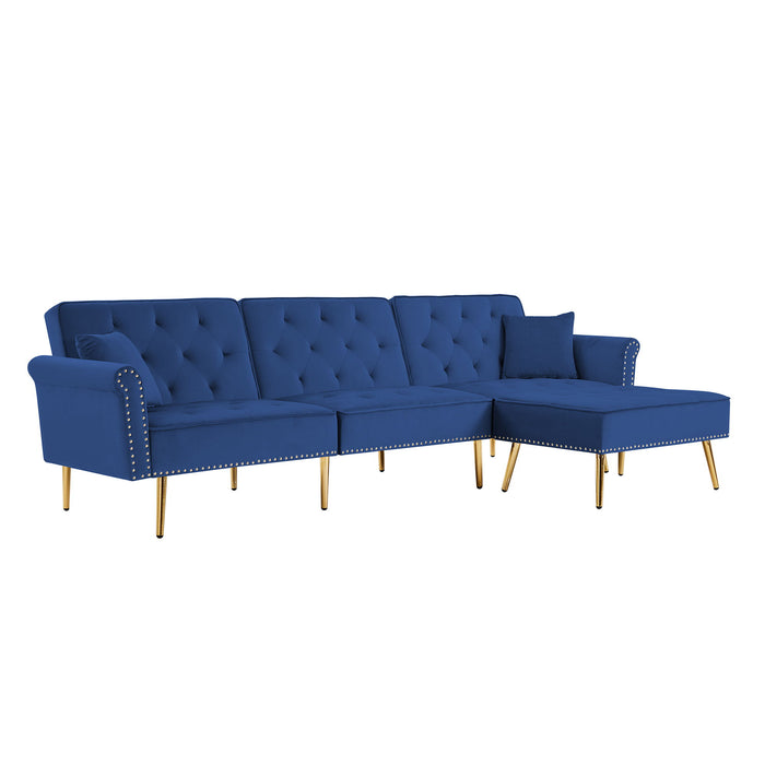Modern Velvet Upholstered Reversible Sectional Sofa Bed, L-Shaped Couch With Movable Ottoman And Nailhead Trim For Living Room (Blue)