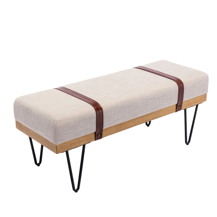 Linen Fabric Soft Cushion Upholstered Solid Wood Frame Rectangle Bed Bench With Powder Coating Metal Legs, Entryway Footstool