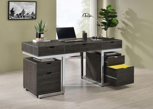 Noorvik - 3 Piece Writing Desk Set - Dark Oak And Chrome Unique Piece Furniture