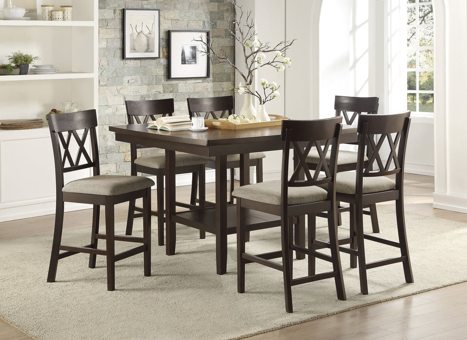 Dark Brown Finish Counter Height Table With Lazy Susan Lower Display Shelf And 6 Counter Height Chairs Contemporary Dining 7 Pieces Set Wooden Furniture