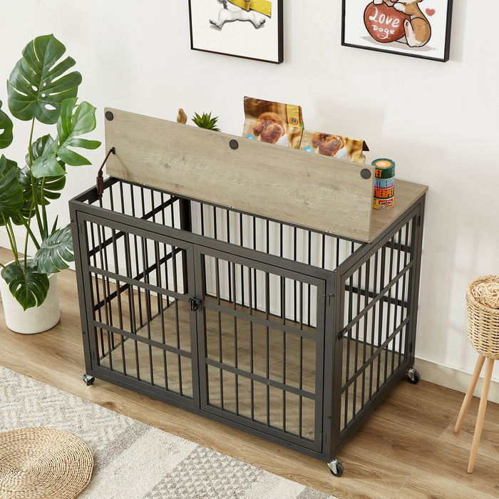 Furniture Style Dog Crate Wrought Iron Frame Door With Side Openings, Grey