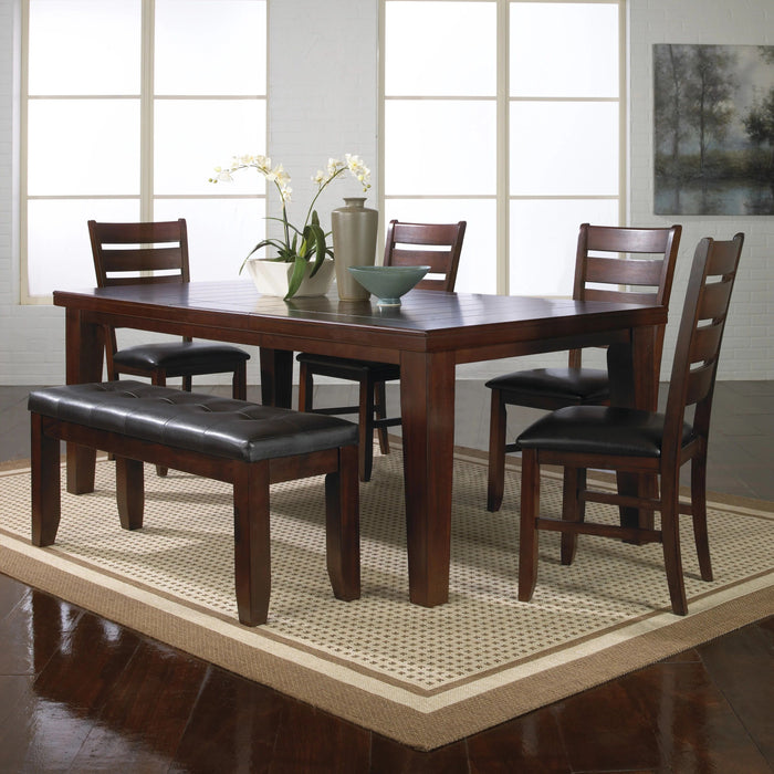Contemporary 6 Pieces Dining Set Extendable Leaf Table Leather Look Polyurethane PU Fabric Upholstered Chair Bench Seats Brown Finish Wooden Solid Wood Dining Room Furniture