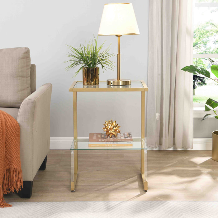 Golden Side Table, 2-Tier Acrylic Glass End Table For Living Room & Bedroom