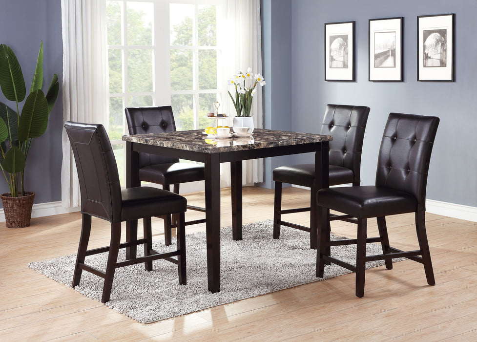 Contemporary Counter Height Dining 5 Pieces Set Table 4 Chairs Brown Finish Birch Faux Marble Table Top Tufted Chairs Cushions Kitchen Dining Room Furniture Dinette