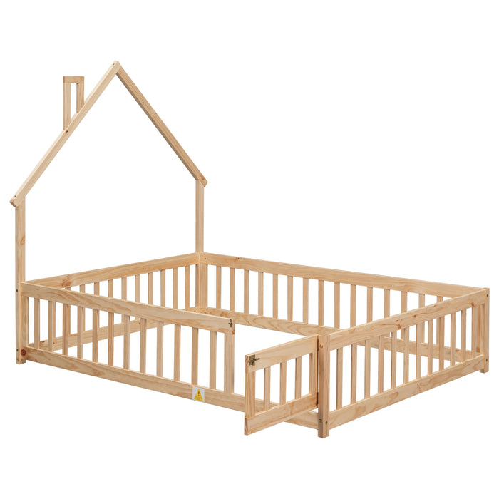 Full House - Shaped Headboard Floor Bed With Fence, Natural