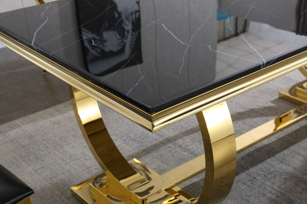 Modern Rectangular Black Marble Dining Table, 0.71" Thick Marble Top , Double U-Shape Stainless Steel Base With Gold Mirrored Finish