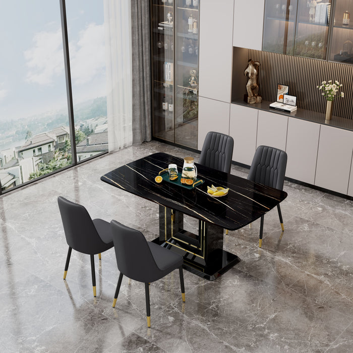 1 Table And 4 Black Chairs The Table Features A Black Imitation Marble Pattern Desktop And Black Gold MDF Legs Pair With 4 Black PU Chairs