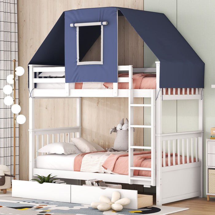 Twin Over Twin Bunk Bed Wood Bed With Tent And Drawers, White / Blue Tent