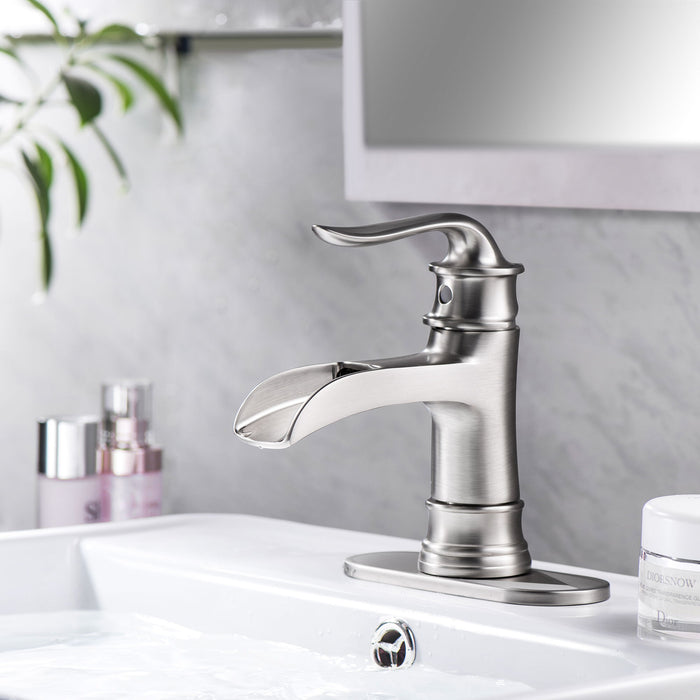 Waterfall Spout Bathroom Faucet, Single Handle Single Hole With Pop Up Drain, Brushed Nickel