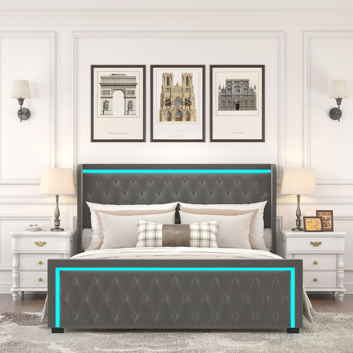 Queen Platform Bed Frame With High Headboard, Velvet Upholstered Bed With Deep Tufted Buttons, Adjustable Colorful Led Light Decorative Headboard, Wide Wingbacks, Gray