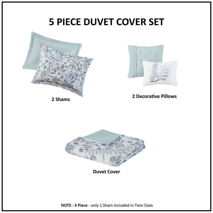 5 Piece Seersucker Duvet Cover Set With Throw Pillows - Blue