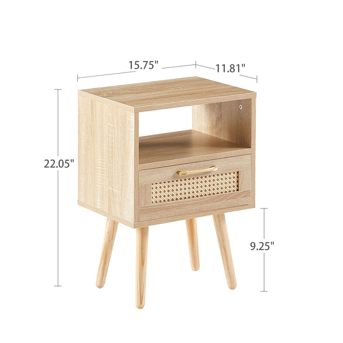 Rattan End Table With Drawer And Solid Wood Legs, Modern Nightstand, Side Table For Living Roon, Bedroom, Natural