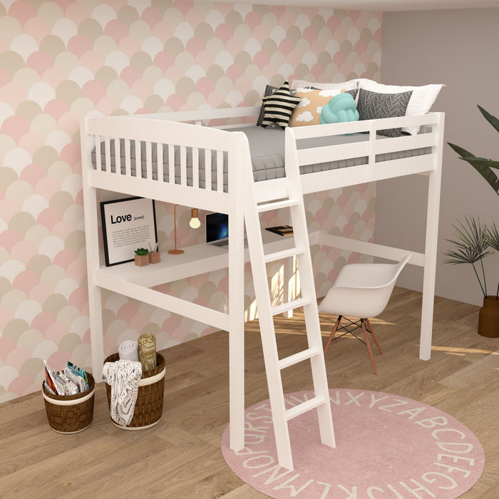 Yes4Wood Everest White High Loft Bed With Desk And Storage, Space Saver Full Size Kids Loft Bed With Stairs For Toddlers Assembled In Sturdy Solid Wood, No Box Spring Needed