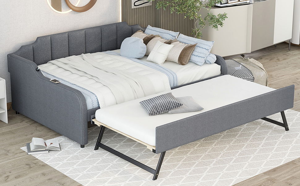 Full Size Upholstery Daybed With Trundle And USB Charging Design, Trundle Can Be Flat Or Erected, Gray