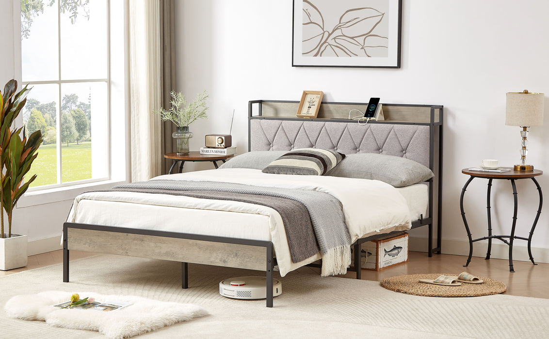 Bed Frame With Charging Station Full Size - Grey