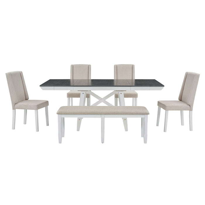 Trexm 6 Piece Classic Dining Table Set, Rectangular Extendable Dining Table With Two 12" W Removable Leaves And 4 Upholstered Chairs & 1 Bench For Dining Room (Gray / White)