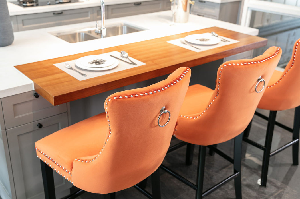 Contemporary Velvet Upholstered Barstools With Button Tufted Decoration And Wooden Legs, And Chrome Nailhead Trim, Leisure Style Bar Chairs, Bar Stools, (Set of 2) (Orange)