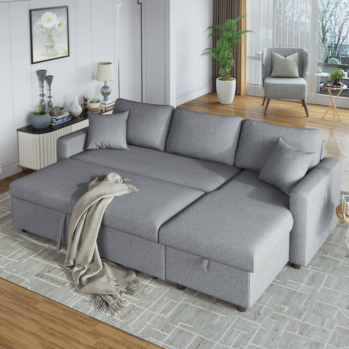 U_Style Upholstery Sleeper Sectional Sofa With Storage Space, 2 Tossing Cushions - Grey