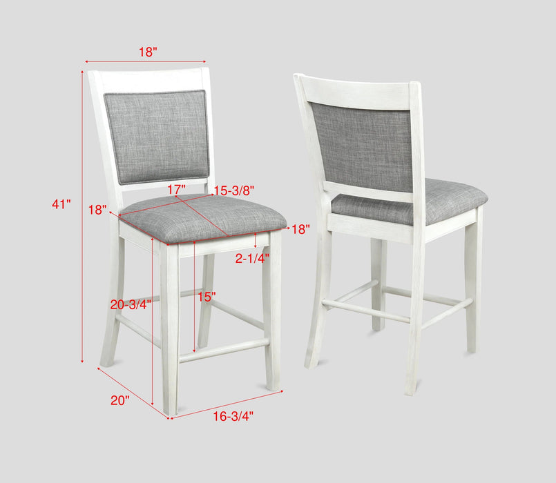Farmhouse Style 2 Piece White & Gray Linen Counter Height Chair Bar Stool Footrest Wooden Furniture