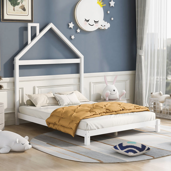 Full Size Wood Platform Bed With House Shaped Headboard (White)