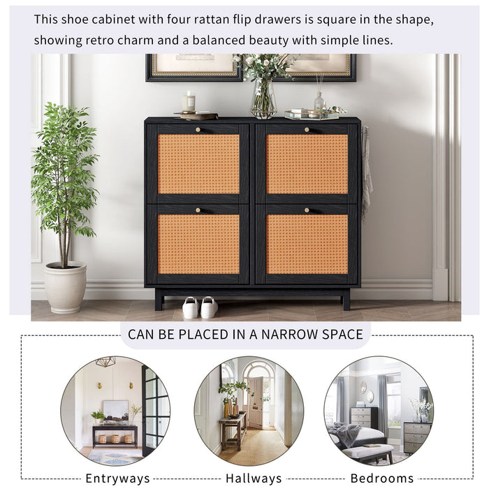 On-Trend Rattan Boho Style Shoe Cabinet With 4 Flip Drawers, Modern 2-Tier Shoe Storage Organizer With Large Space, Free Standing Shoe Rack For Entrance Hallway, Black