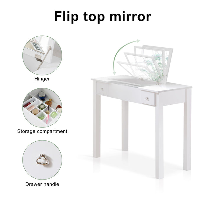 Accent White Vanity Table Set With Flip - Top Mirror And 2 Drawers, Jewelry Storage For Women Dressing