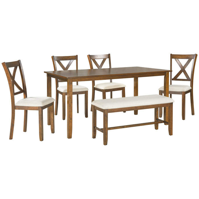 Trexm 6 Piece Kitchen Dining Table Set Wooden Rectangular Dining Table, 4 Fabric Chairs And Bench Family Furniture (Natural Cherry)