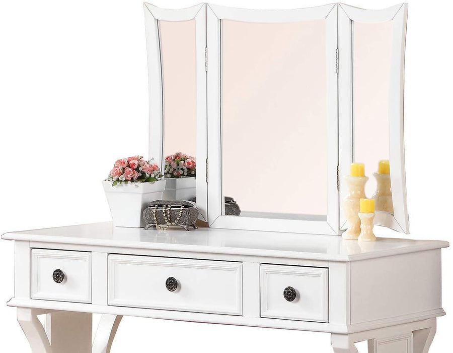 Unique Modern Bedroom Vanity Set Stool Foldable Mirror Drawers White Color MDF Veneer 1 Piece Vanity Furniture