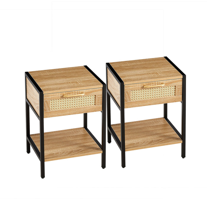 Rattan End Table With Drawer, Modern Nightstand, Metal Legs, Side Table For Living Room, Bedroom (Set of 2) Natural