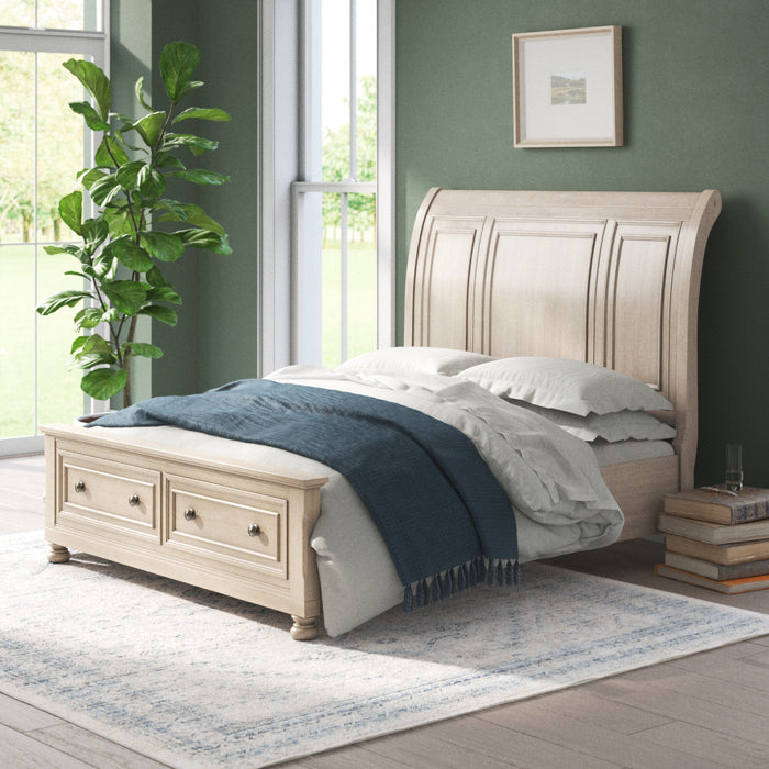 Classic Style Queen Size Sleigh Bed 1 Piece With Footboard Storage Drawers Wire Brushed Gray Finish Wooden Furniture