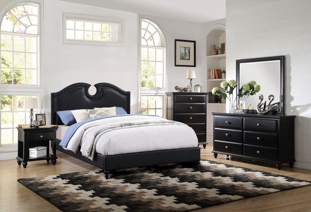 Black Faux Leather Unique Design Headboard 1 Piece Queen Size Bed Bedroom Furniture Nailhead Upholstered Modern Bedframe