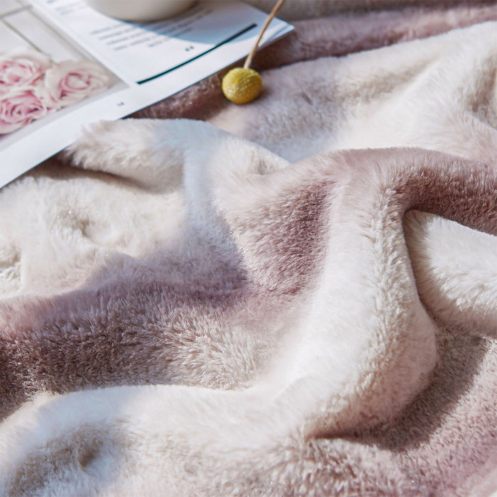 Printed Faux Rabbit Fur Throw, Lightweight Plush Cozy Soft Blanket, 50" X 60", Coffee Stripe