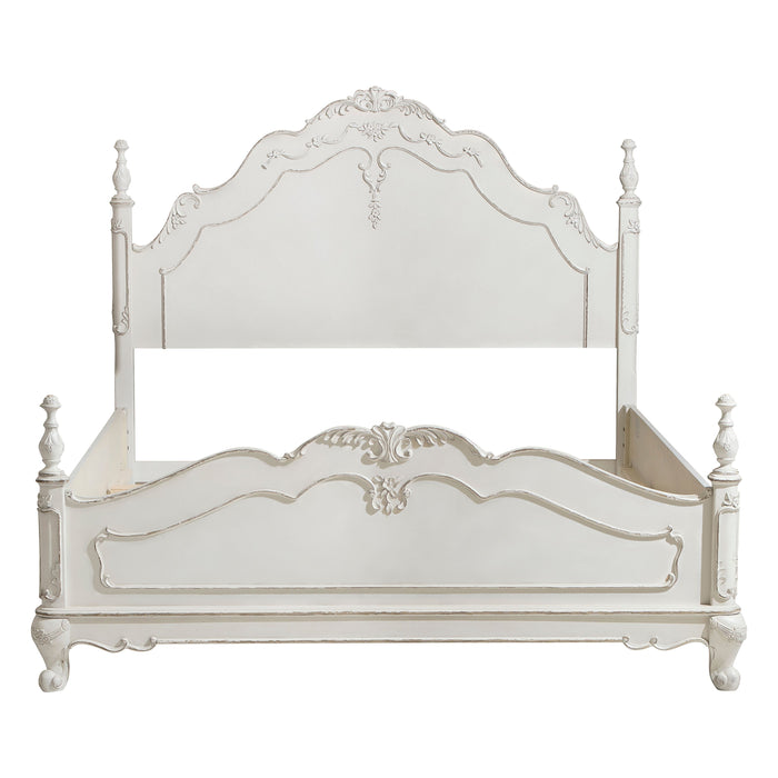Victorian Style Antique White Full Bed 1 Piece Traditional Bedroom Furniture Floral Motif Carving Classic Look Posts