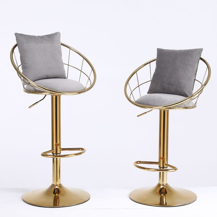 Gray Velvet Bar Chair, Pure Gold Plated, Unique Design, 360 Degree Rotation, Adjustable Height, suitable For Dinning Room And Bar, (Set of 2)