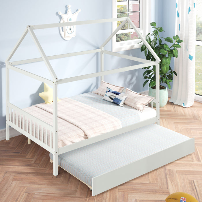 House Full Bed With Twin Size Trundle - White