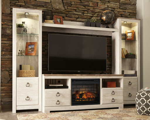Willowton - Whitewash - Entertainment Center - TV Stand With Faux Firebrick Fireplace Insert Unique Piece Furniture