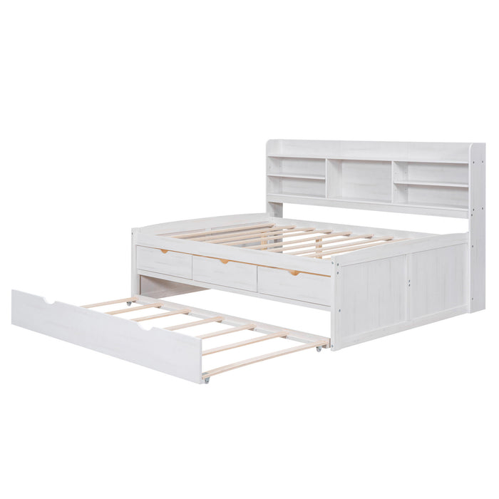 Full Size Wooden Captain Bed With Built - In Bookshelves, Three Storage Drawers And Trundle, White